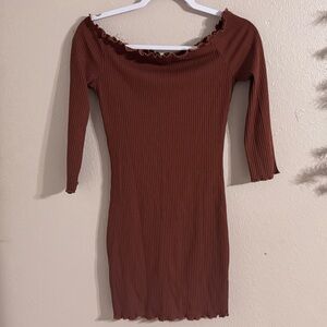 Iris Brown Ribbed Off-Shoulder Dress